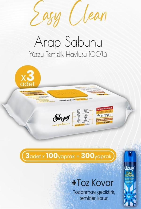 Sleepy Easy Clean Arap Sabunu Katkılı Yüzey Temizlik Havlusu 100' lü x 3 Adet ve Toz Kovar - Image 1