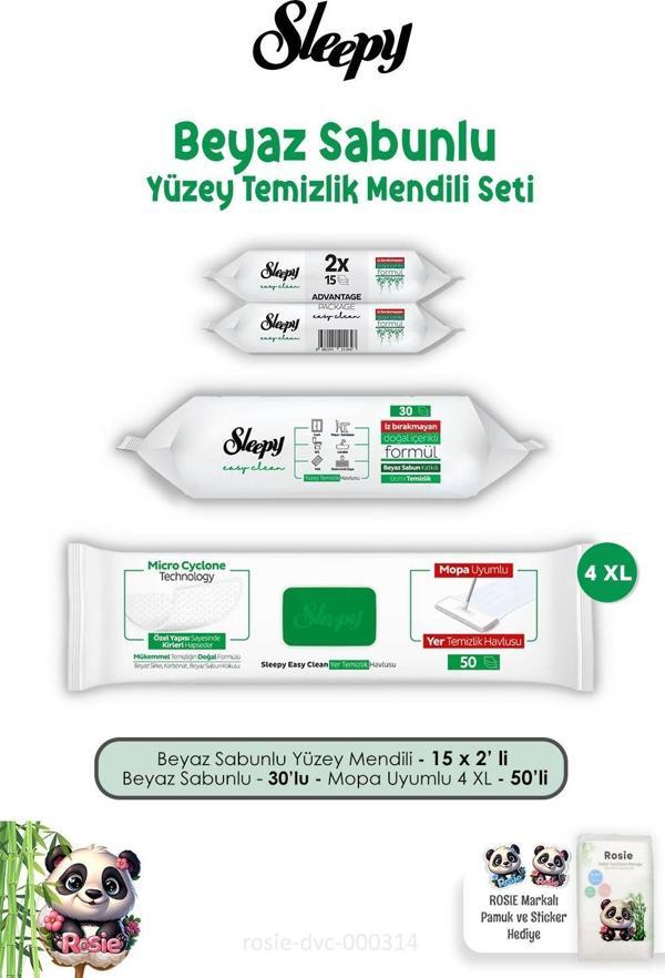 Sleepy Easy Clean Beyaz Sabunlu Yüzey Temizlik Mendili Seti 3'lü ve ROSIE Pamuk - Image 1