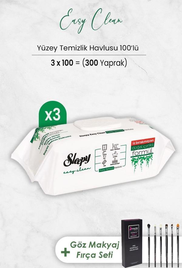 Sleepy Easy Clean Yüzey Temizlik Havlusu 100' lü x 3 Adet ve Göz Makyaj Fırça Seti - Image 1