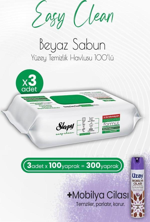Sleepy Easy Clean Yüzey Temizlik Havlusu 100' lü x 3 Adet ve Mobilya Cilası Lavanta - Image 1