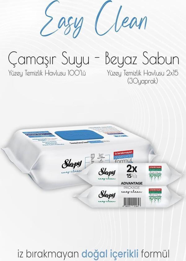 Sleepy Easy Clean Yüzey Temizlik Havlusu 2x15 Yaprak (30 Yaprak) ve Çamaşır Suyu Katkılı 100' lü - Image 1