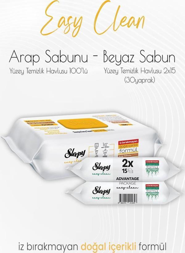Sleepy Easy Clean Yüzey Temizlik Havlusu 2x15 Yaprak (30 Yaprak) ve Arap Sabunu Katkılı 100' lü - Image 1