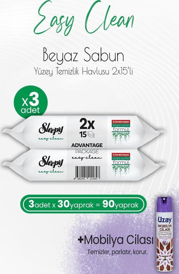 Sleepy Easy Clean Yüzey Temizlik Havlusu 2x15 Yaprak (30 Yaprak) x 3 Adet ve Mobilya Cilası Lavanta - Image 1