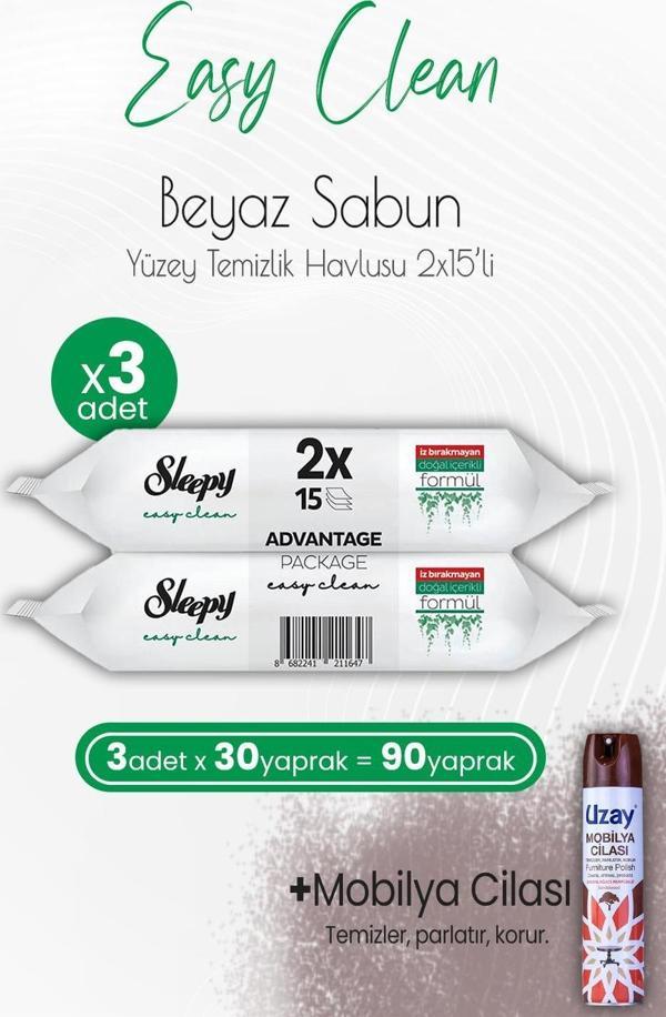 Sleepy Easy Clean Yüzey Temizlik Havlusu 2x15 Yaprak (30 Yaprak) x 3 Adet ve Mobilya Cilası Sandalağacı - Image 1