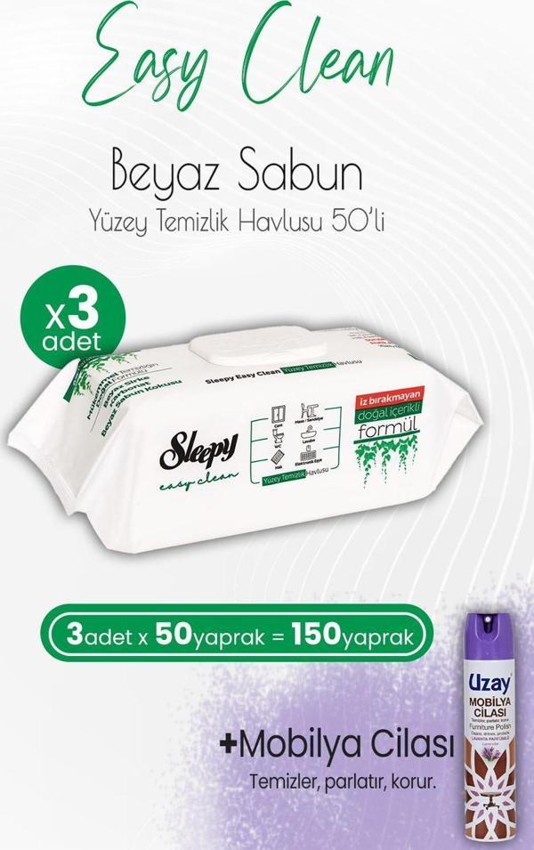 Sleepy Easy Clean Yüzey Temizlik Havlusu 50' li x 3 Adet ve Mobilya Cilası Lavanta - Image 1