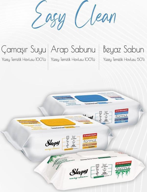 Sleepy Easy Clean Yüzey Temizlik Havlusu 50'li ,Çamaşır Suyu Katkılı 100'lü ve Arap Sabunu Katkılı 100' lü - Image 1