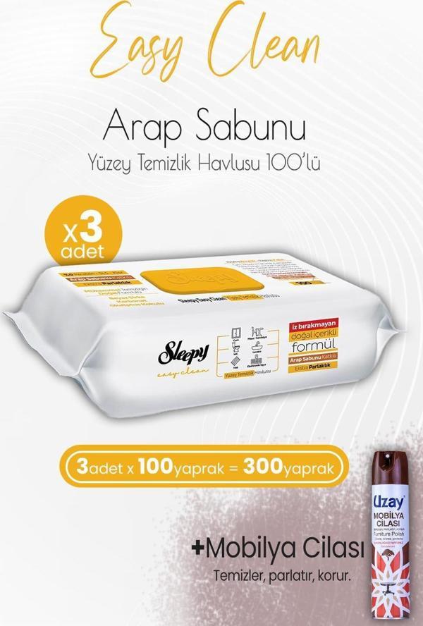 Sleepy Easy Clean Yüzey Temizlik Havlusu Arap Sabunu Katkılı 100' lü x 3 Adet ve Mobilya Cilası Sandalağacı - Image 1