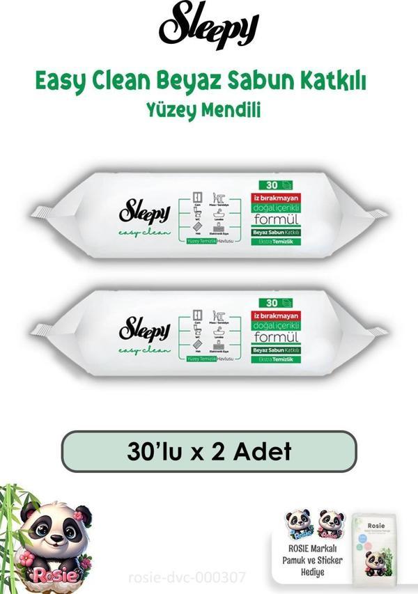 2'li Sleepy Easy Clean Beyaz Sabunlu Yüzey Temizlik Havlusu 30'lu ve ROSIE - Image 1