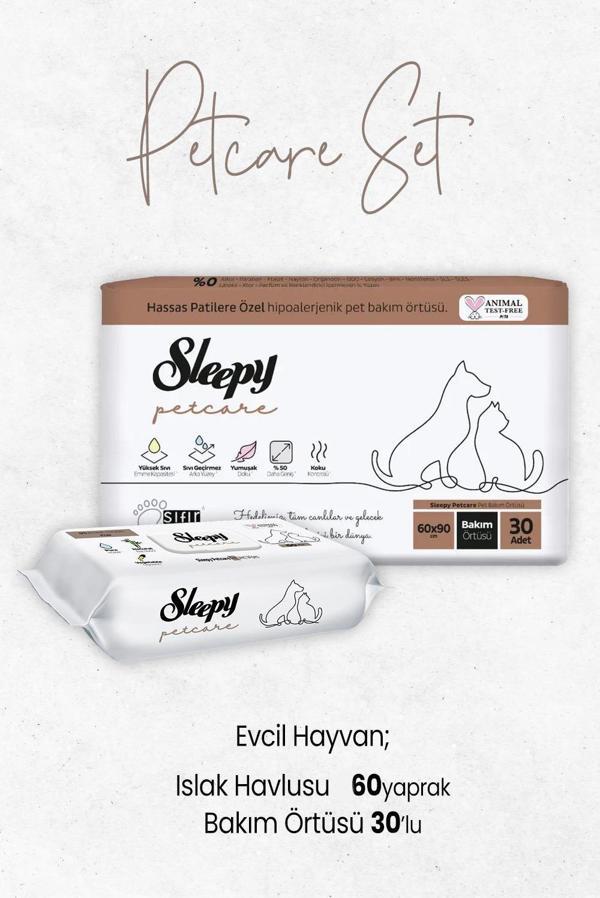 Sleepy Petcare Evcil Hayvan Bakım Örtüsü 30 Adet ve Islak Havlusu 60'lı - Image 1