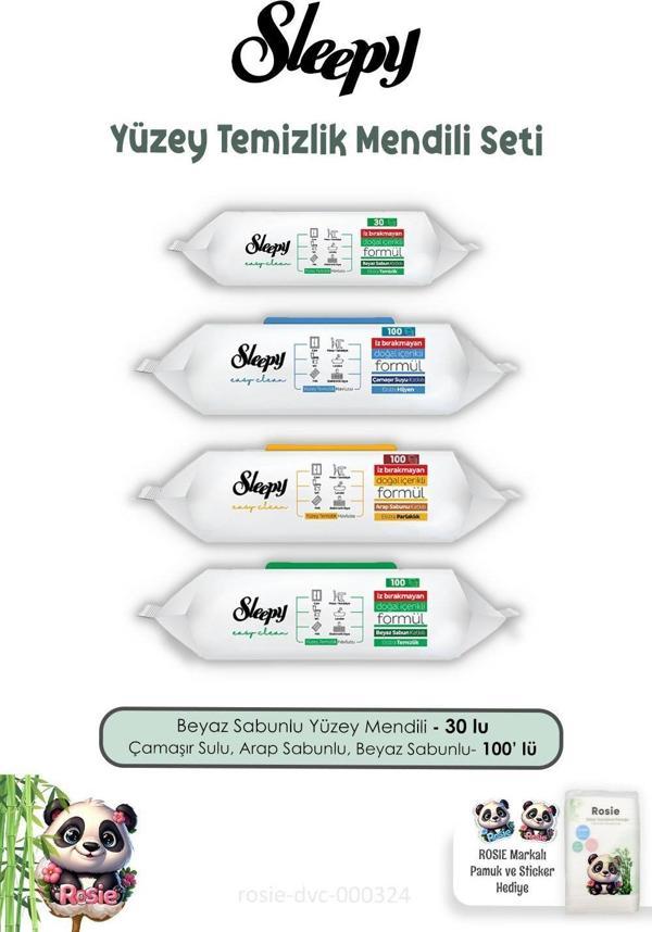 Sleepy Beyaz Sabunlu Yüzey Temizlik Havlusu 30'lu, 100'lü Temizlik Havluları 3 Adet ve ROSIE - Image 1