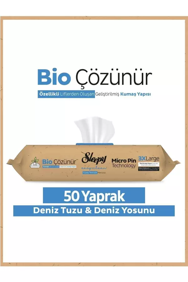 Sleepy Bio Çözünür Yüzey Temizlik Havlusu&Mendili Deniz Tuzu&Yosun 50 Yaprak - Image 1