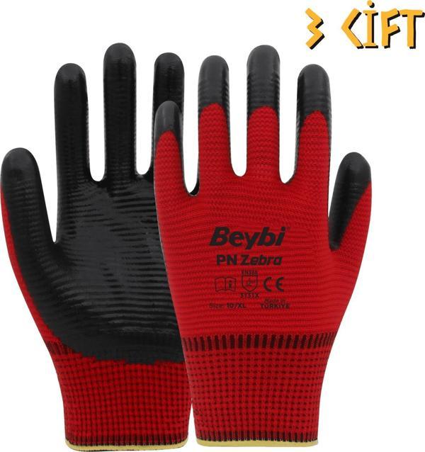Beybi Polyester-Nitril İş Eldiveni PN5 Zebra No: 10 KIRMIZI - 3 Çift - Image 1