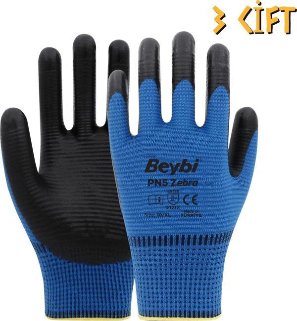 Beybi Polyester-Nitril İş Eldiveni PN5 Zebra No: 10 MAVİ - 3 Çift - Image 1