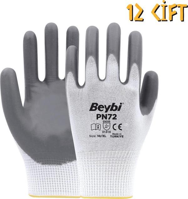 Beybi Polyester-Nitril İş Eldiveni PN72 No: 10 GRİ - 12 Çift - Image 1