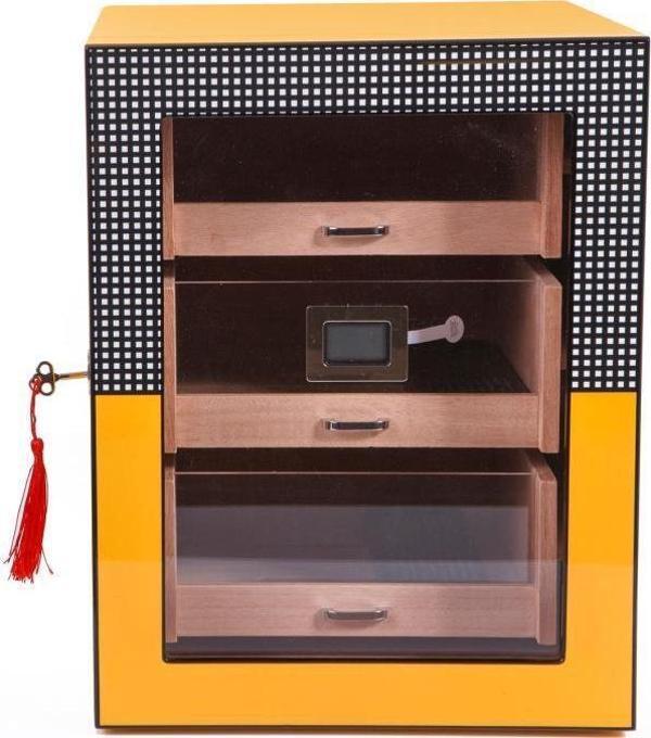 PremiumQuality Sarı Cohiba Desenli 4 Çekmeceli Sedir Humidor Puro Kutusu - Image 1