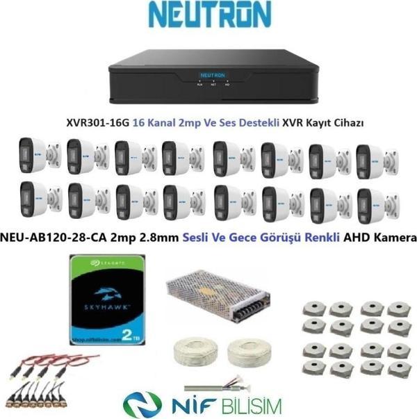Neutron 2mp 16 kameralı Gece Renkli Sesli Dış ortam AHD Full Kamera Seti 2TB Disk NEU-AB120-28-CA - Image 1