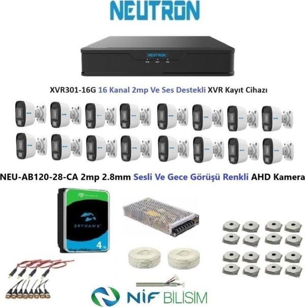 Neutron 2mp 16 kameralı Gece Renkli Sesli Dış ortam AHD Full Kamera Seti 4TB Disk NEU-AB120-28-CA - Image 1