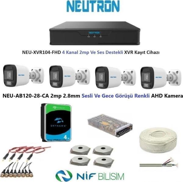 Neutron 2mp 4 kameralı Gece Renkli Sesli Dış ortam AHD Full Kamera Seti 4TB Disk NEU-AB120-28-CA - Image 1