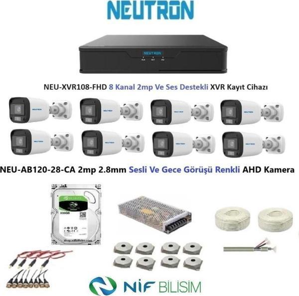 Neutron 2mp 8 kameralı Gece Renkli Sesli Dış ortam AHD Full Kamera Seti 500GB Disk NEU-AB120-28-CA - Image 1