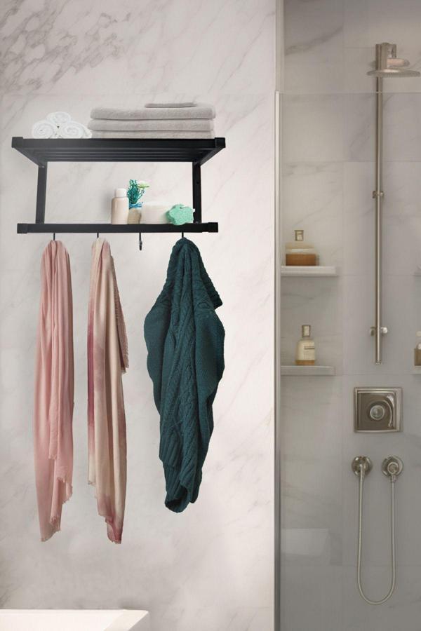Zuesse Dizayn Berrak Paslanmaz Çelik Banyo Havlu Askısı Rafı Lavabo 2 Katlı Kancalı Çok Amaçlı Raf - Mat Siyah - Image 1