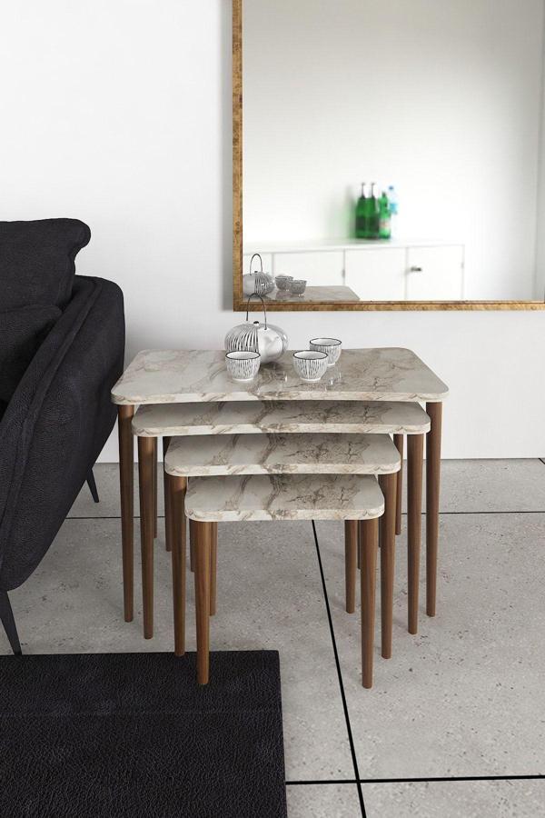 Zuesse Dizayn Selena 4Lü Zigon Sehpa Ahşap Ayaklı Salon Seti Çay Sehpası – Beyaz Mermer Desenli - Image 1