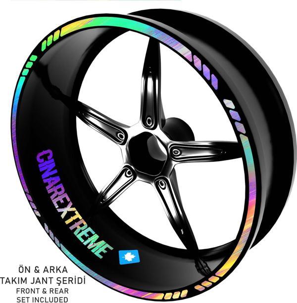 Çınar Extreme® Rainbow Gökkuşağı Hologram Efektli 4 Parçalı Kesikli Motosiklet Jant Şeridi Sticker - Image 1