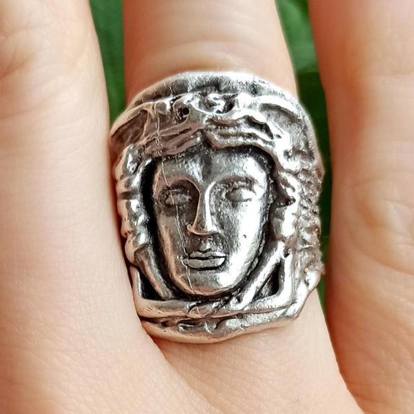Medusa Şekilli Erkek Yüzük Gümüş Kaplama Ayarlanabilir El Yapımı Yüzük - Image 1