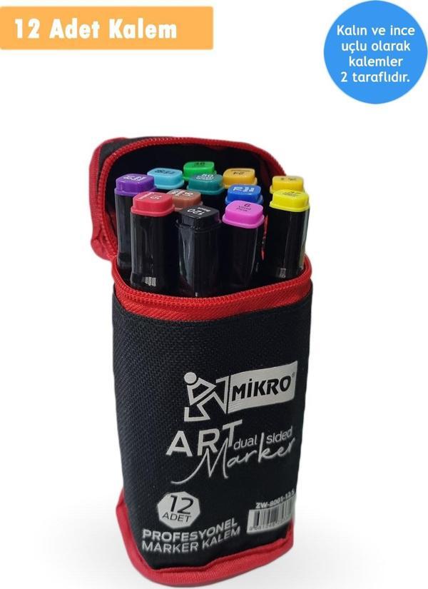 Mikro Çantalı 12 Parça Çift Uçlu Grafiti Kalem Renkli Keçeli Kalem Eskiz, İllüstrasyon Boya Kalemi - Image 1