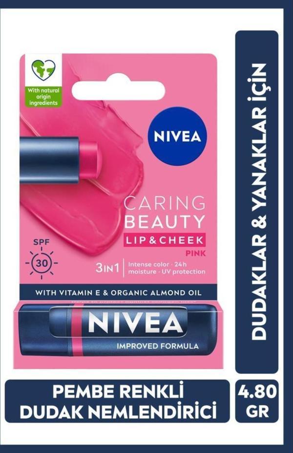Nivea Caring Beauty Renkli Dudak Bakım Kremi ve Yanak Balmı Pembe SPF30 4.8g - Image 1
