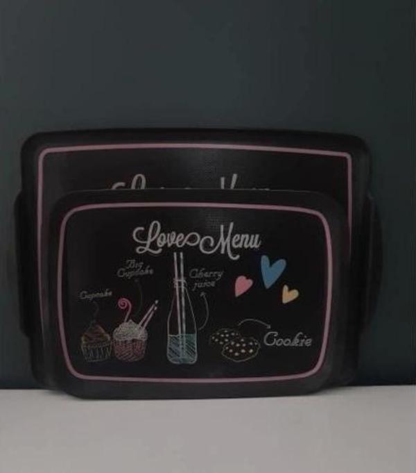 Melamin Love Menu Desenli 2 Li Dikdörtgen Kaydırmaz Tepsi 34 * 41 Cm. - Image 1