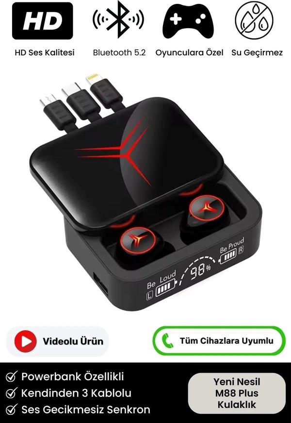 HD Ses Göstergeli Powerbank Özellikli Ios Android Uyumlu 5.2 Bluetooth M88 Plus Kablosuz Kulaklık - Image 1