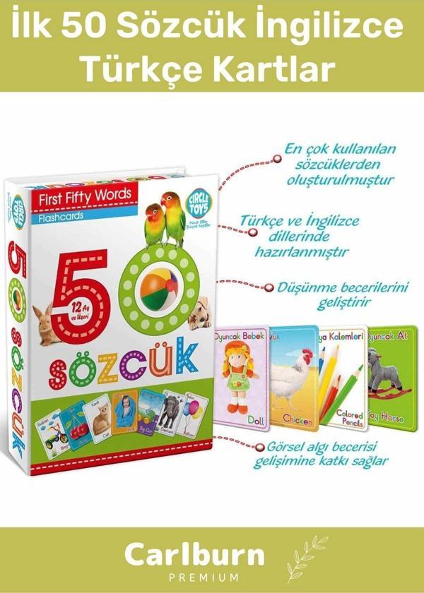 Özel Üretim Zeka Geliştirici Yabancı Dil Eğitici Çocuk İlk 50 Sözcük İngilizce Türkçe Kartlar - Image 1