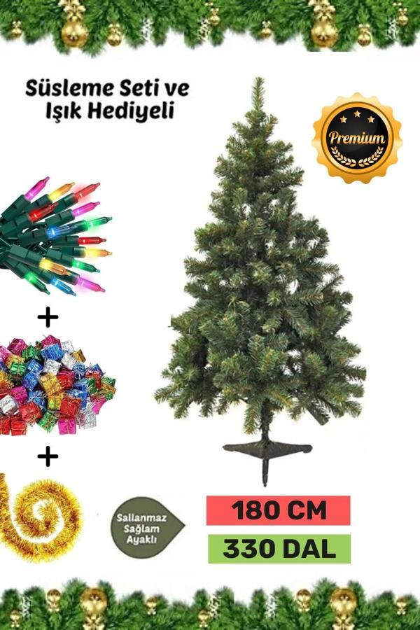 Premium Kutu Süsleme Seti Yılbaşı Çam Ağacı Renkli Işığı Yeni Yıl Süsleri Noel Paketi 180 Cm 330 Dal - Image 1