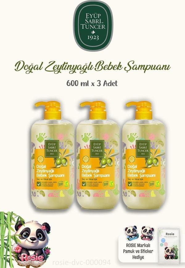 3 Adet Eyüp Sabri Tuncer Doğal Zeytinyağlı Bebek Şampuanı 600 ml ve ROSIE Pamuk - Image 1