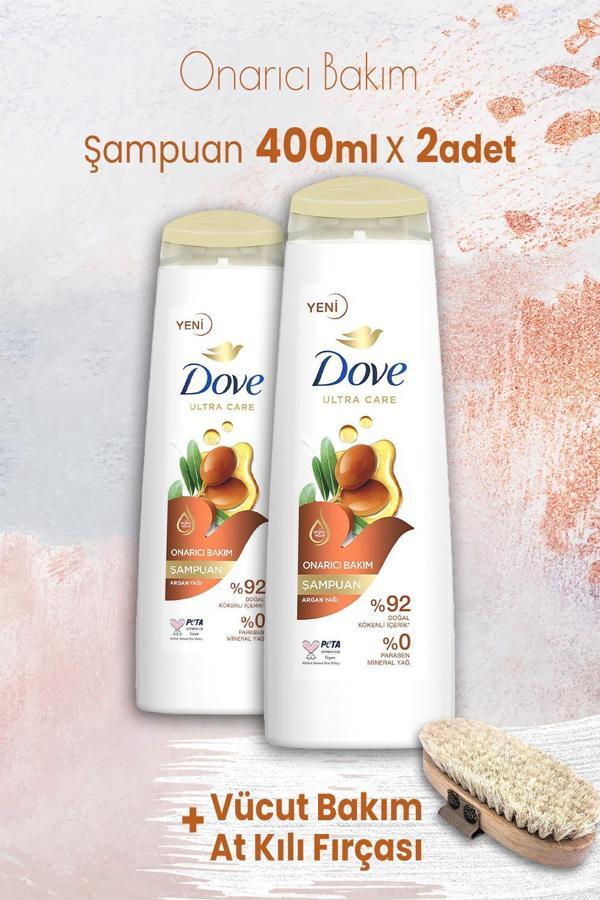 Dove Ultra Care Onarıcı Bakım Argan Yağı Şampuan 400 ml x 2 Adet ve Vücut Bakım At Kılı Fırçası - Image 1