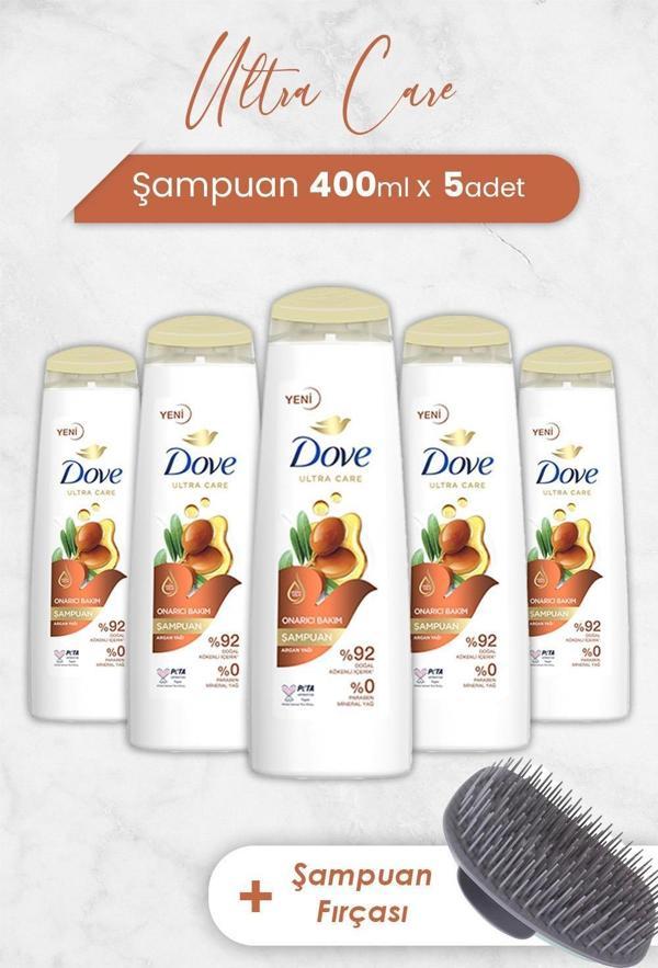 Dove Ultra Care Onarıcı Bakım Argan Yağı Şampuan 400 ml x 5 Adet ve Şampuan Fırçası - Image 1