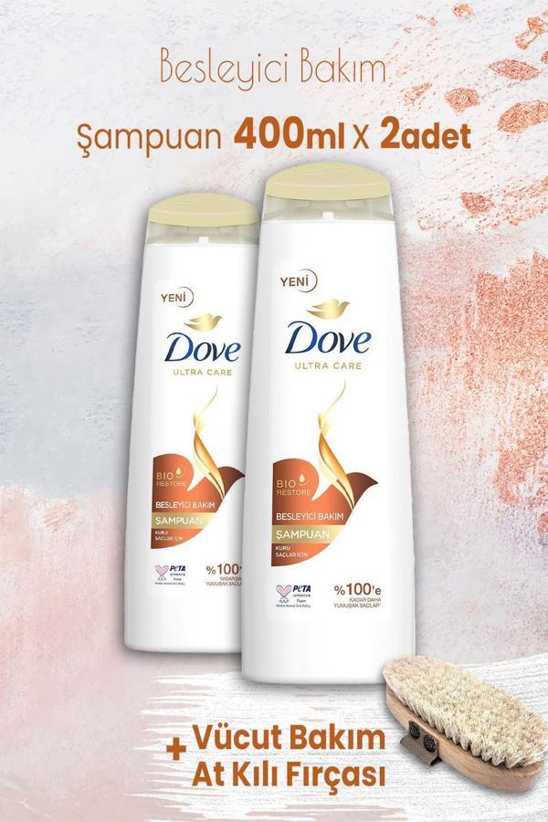 Dove Ultra Care Şampuan Besleyici Bakım 400 ml x 2 Adet ve Vücut Bakım At Kılı Fırçası - Image 1