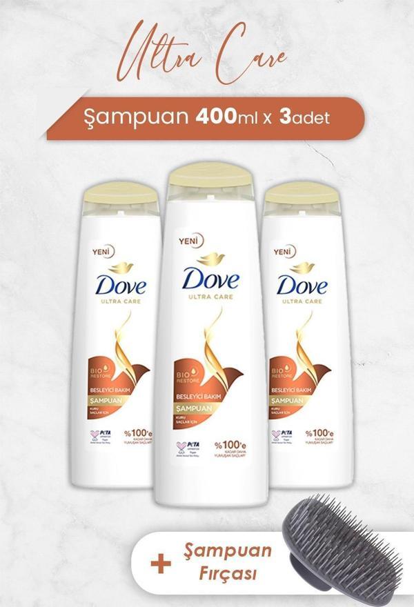 Dove Ultra Care Şampuan Besleyici Bakım 400 ml x 3 Adet ve Şampuan Fırçası - Image 1