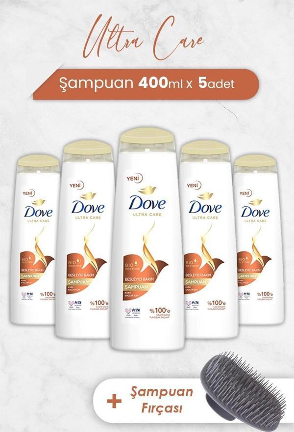 Dove Ultra Care Şampuan Besleyici Bakım 400 ml x 5 Adet ve Şampuan Fırçası - Image 1