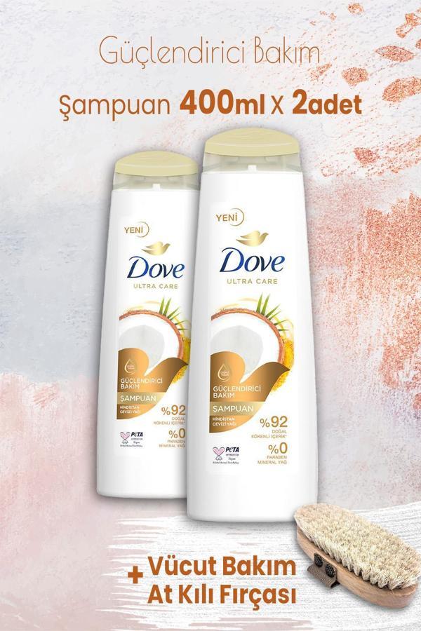 Dove Ultra Care Şampuan Güçlendirici Bakım 400 ml x 2 Adet ve Vücut Bakım At Kılı Fırçası - Image 1