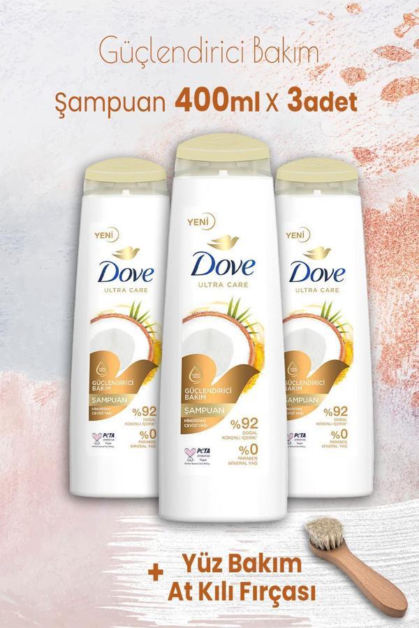 Dove Ultra Care Şampuan Güçlendirici Bakım 400 ml x 3 Adet ve Yüz Bakım At Kılı Fırçası - Image 1