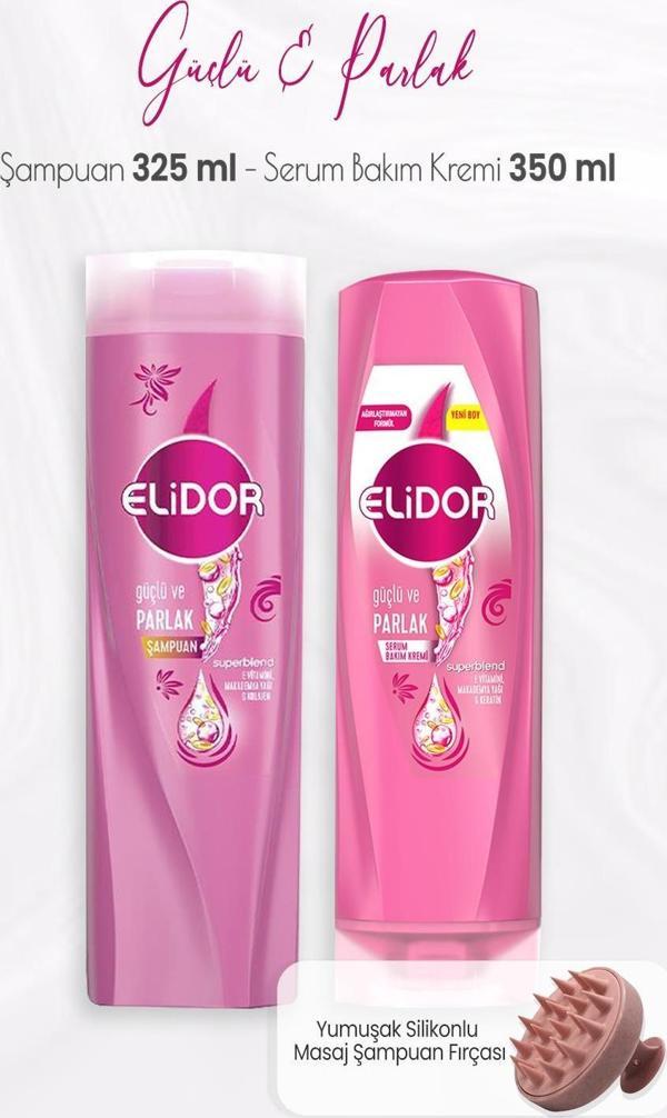 Elidor Superblend Güçlü ve Parlak Şampuan 325 ml, Serum Bakım Kremi 350 ml ve Masaj Şampuan Fırçası Pembe - Image 1