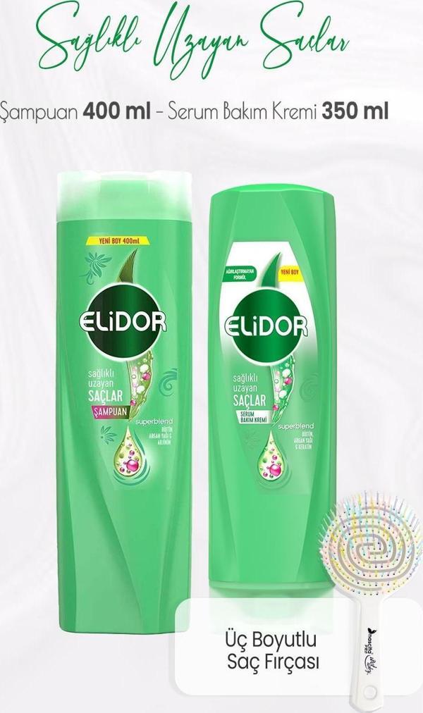 Elidor Superblend Sağlıklı Uzayan Saçlar Şampuan 400 ml, Serum Bakım Kremi 350 ml ve Üç Boyutlu Saç Fırçası - Image 1
