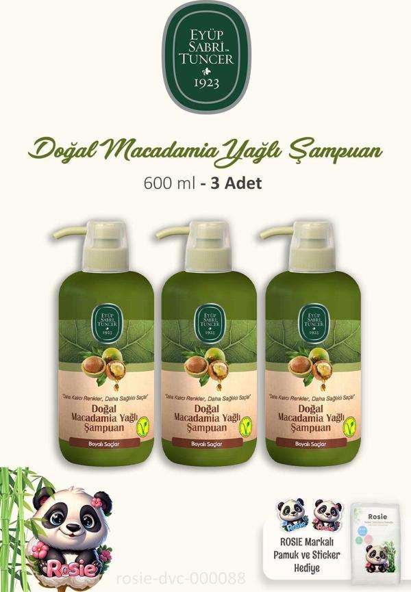 Eyüp Sabri Tuncer 3 Adet Doğal Macadamia Yağlı Şampuan 600 ml ve ROSIE Pamuk - Image 1