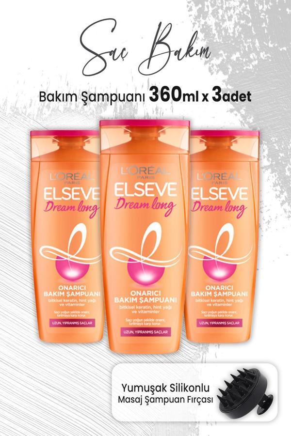 Elseve Dream Long Onarıcı Şampuan 360 ml x 3 Adet ve Masaj Şampuan Fırçası Siyah - Image 1