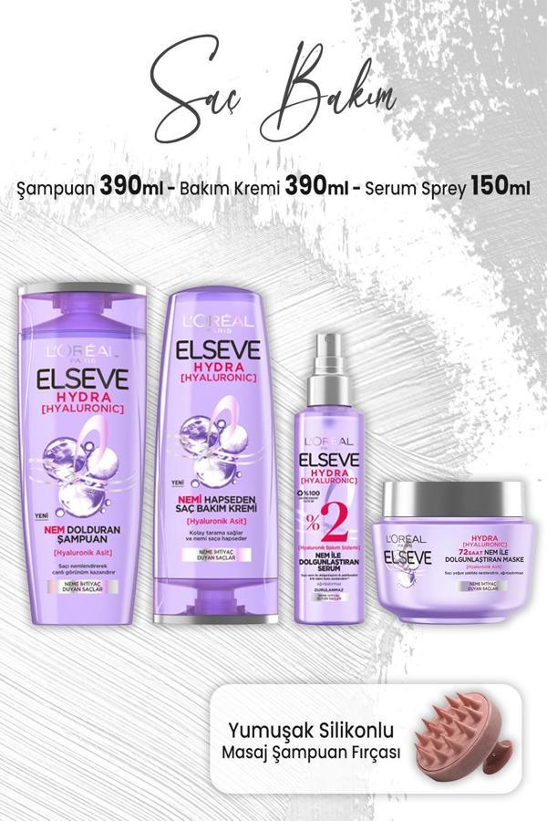 Elseve Hydra Hyaluronik Saç Bakım Seti ve Masaj Şampuan Fırçası Pembe - Image 1