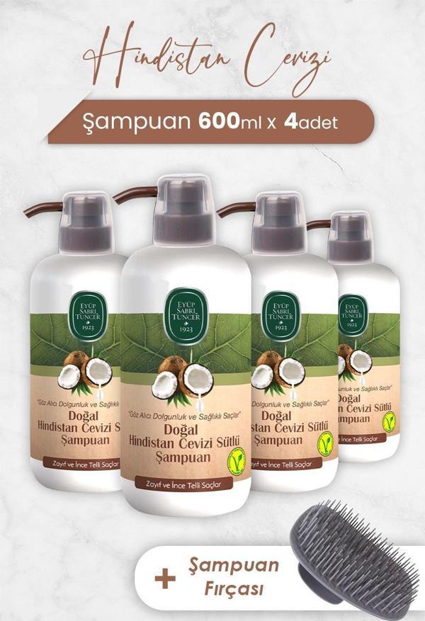 Eyüp Sabri Tuncer Hindistan Cevizi Şampuan 600 ml x 4 Adet ve Şampuan Fırçası - Image 1