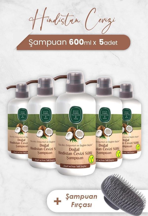 Eyüp Sabri Tuncer Hindistan Cevizi Şampuan 600 ml x 5 Adet ve Şampuan Fırçası - Image 1