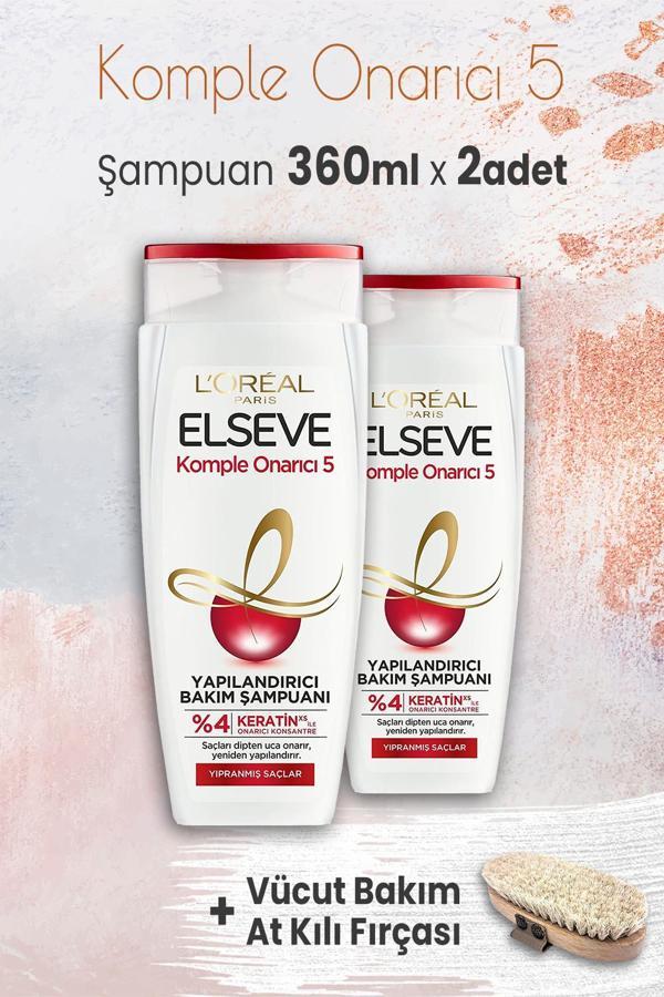 Elseve Komple Onarıcı 5 Şampuan 360 ml x 2 Adet ve Vücut Bakım At Kılı Fırçası - Image 1