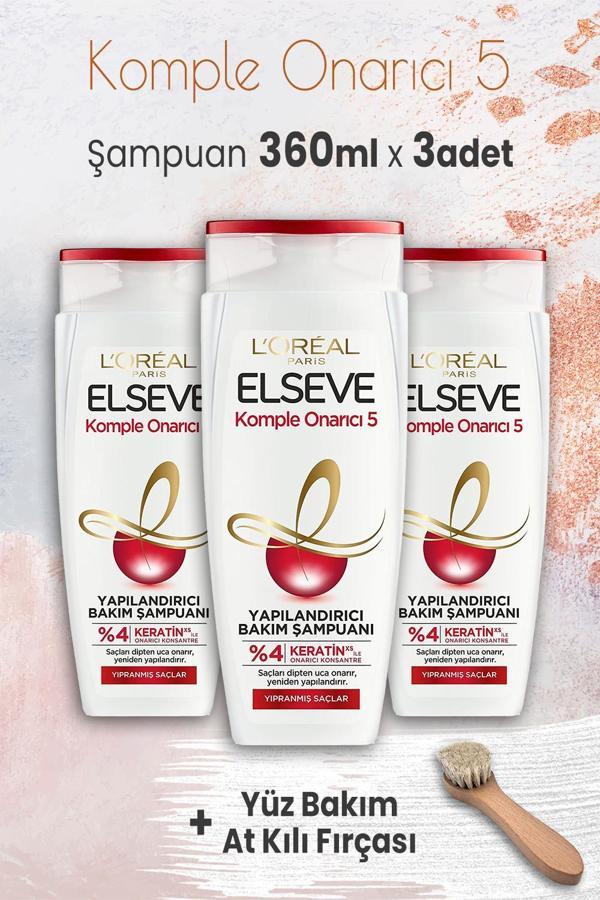 Elseve Komple Onarıcı 5 Şampuan 360 ml x 3 Adet ve Yüz Bakım At Kılı Fırçası - Image 1